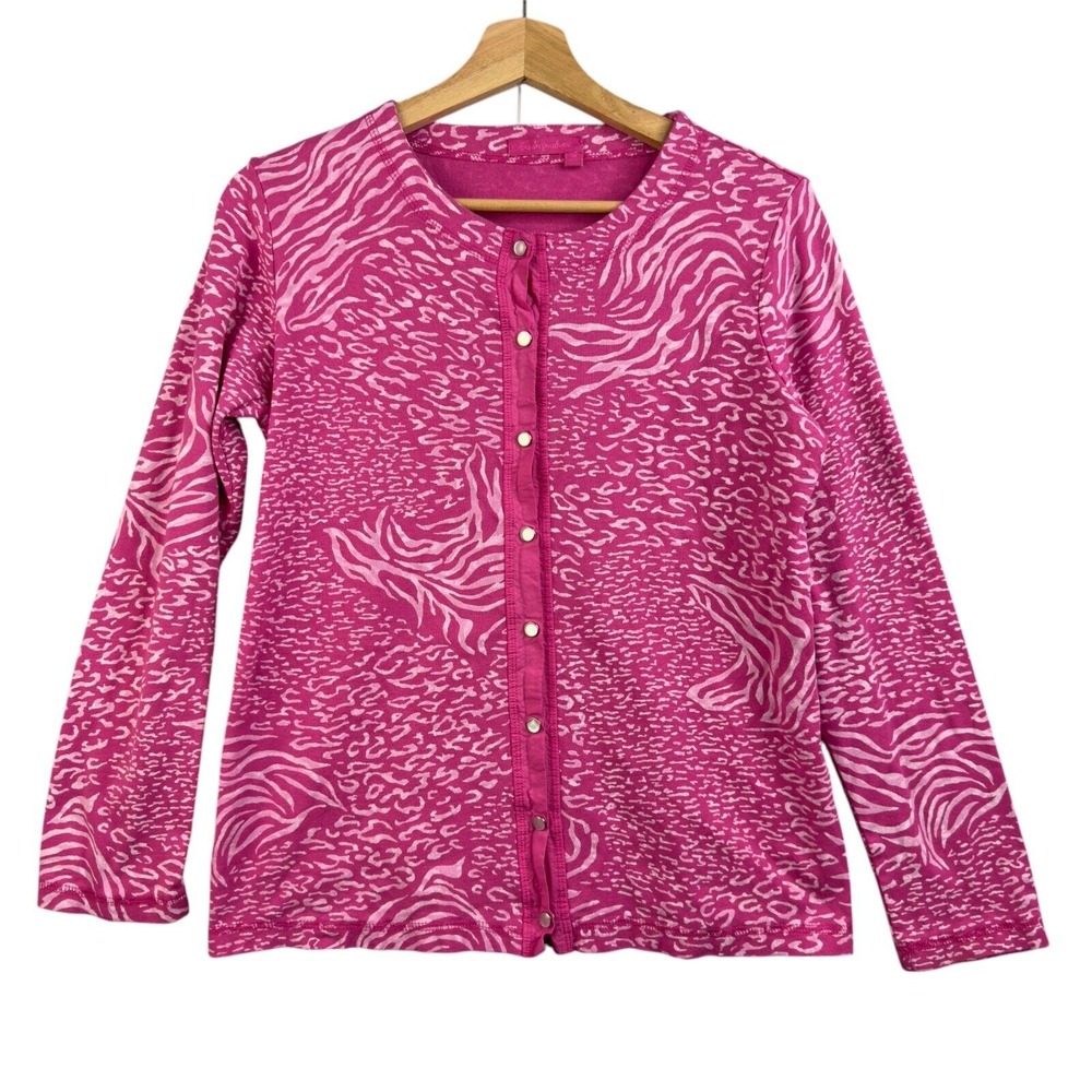 Fresh Prodce Sweater Pink Animal print Knit Size M Women's 100% Cotton Button Up